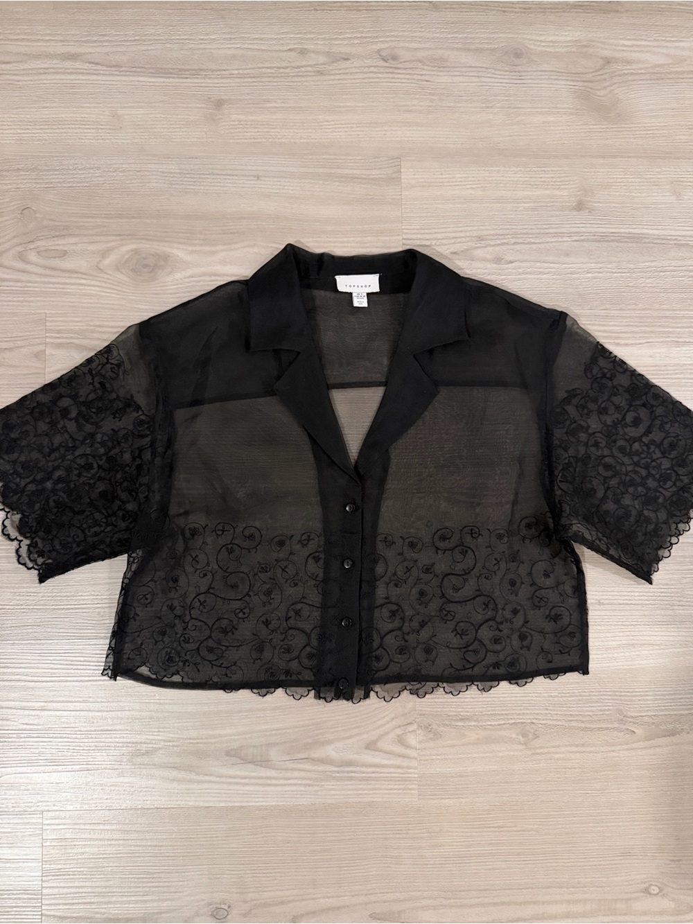 Topshop Crop Organza Embroidered Lace Shirt in black